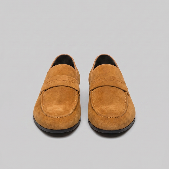 Men's penny loafers with rounded toes, strap detail and flat soles