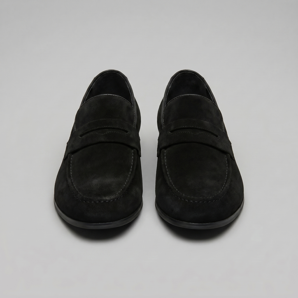 Men's penny loafers with rounded toes, strap detail and flat soles