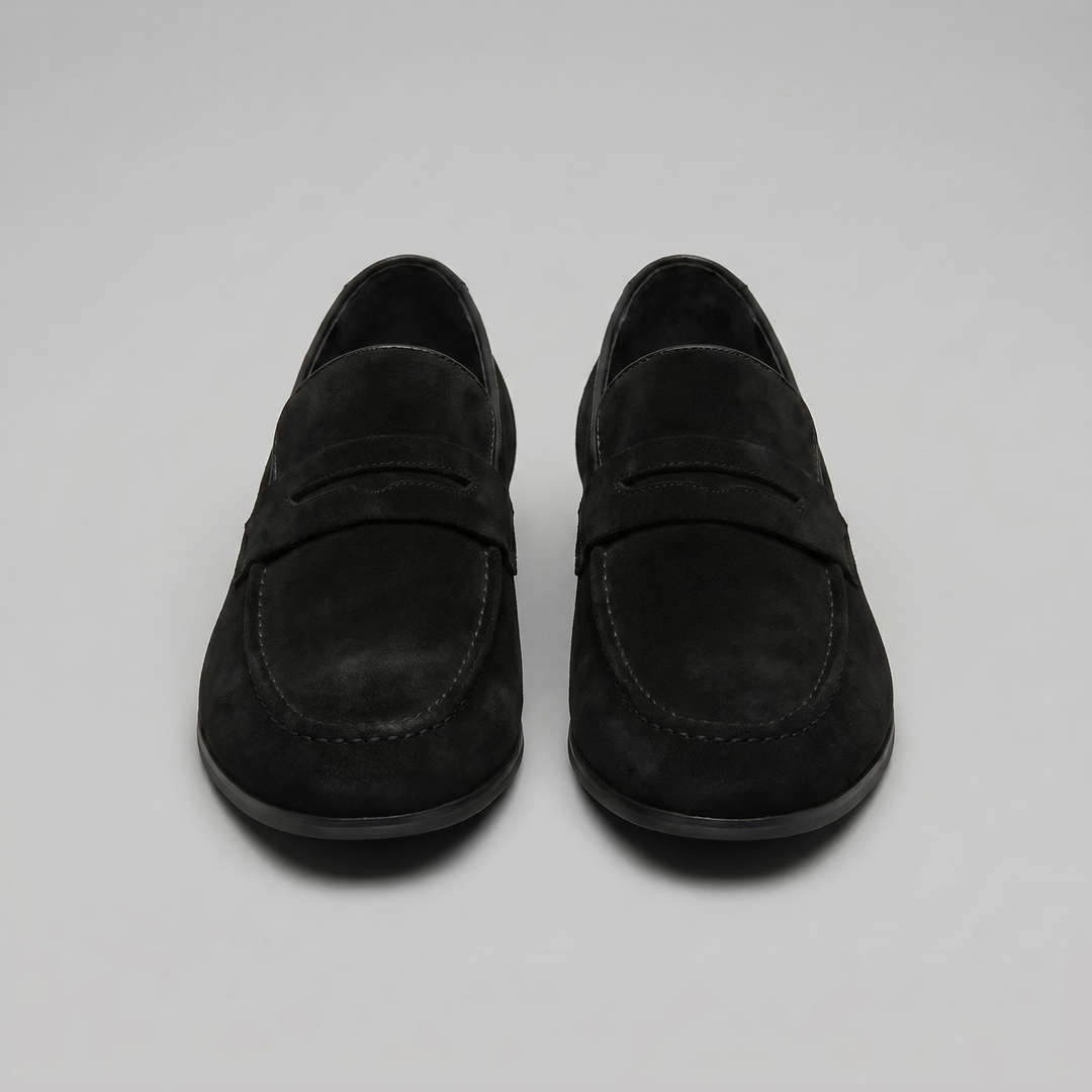 Men's penny loafers with rounded toes, strap detail and flat soles