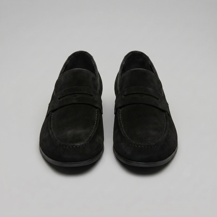 Men's penny loafers with rounded toes, strap detail and flat soles