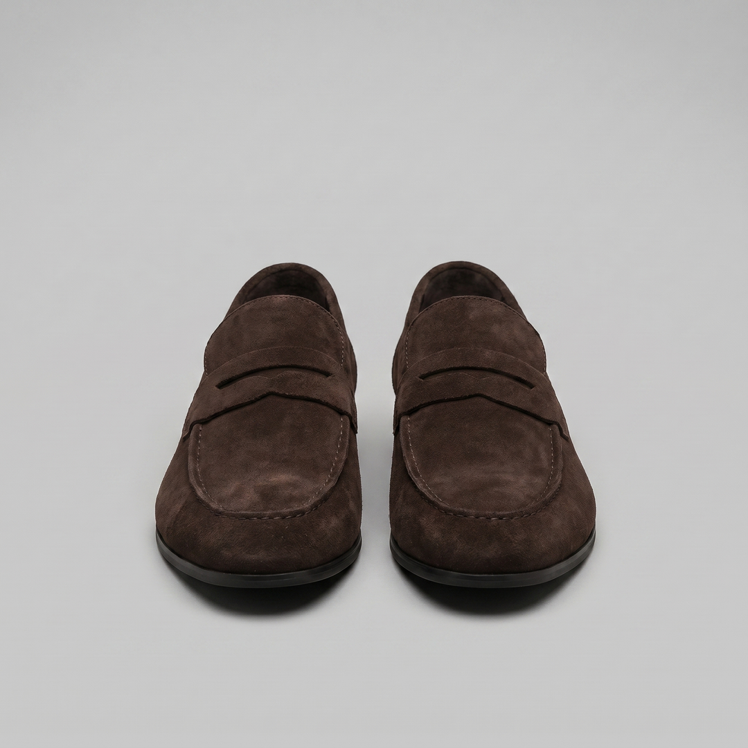 Men's penny loafers with rounded toes, strap detail and flat soles