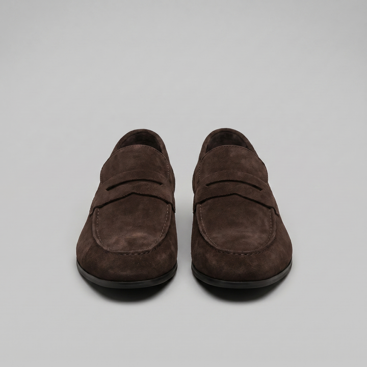 Men's penny loafers with rounded toes, strap detail and flat soles