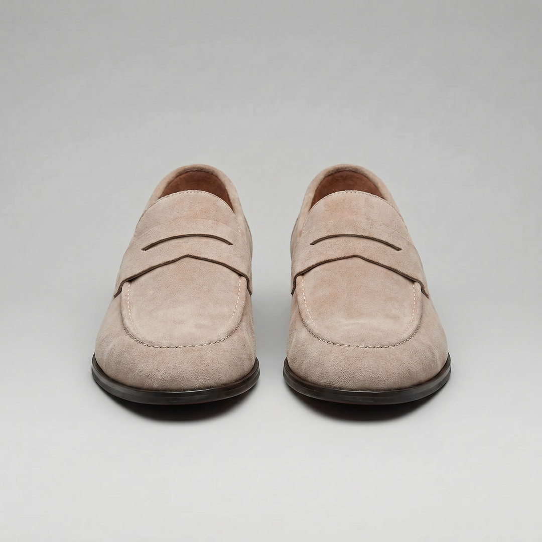 Men's penny loafers with rounded toes, strap detail and flat soles