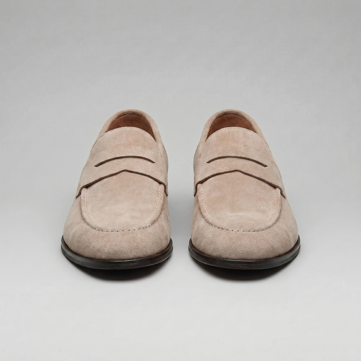 Men's penny loafers with rounded toes, strap detail and flat soles