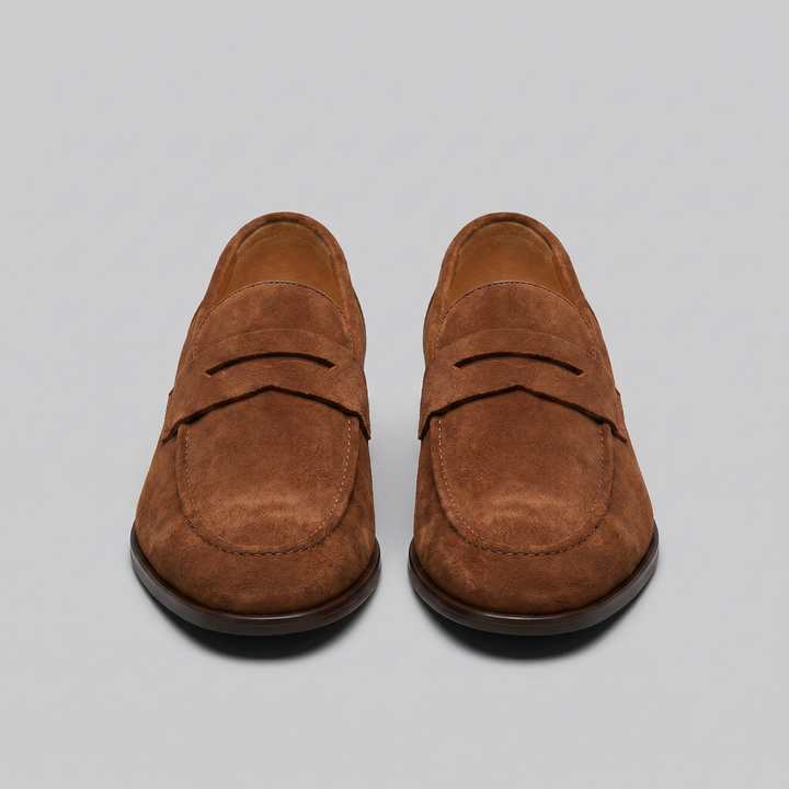 Men's penny loafers with rounded toes, strap detail and flat soles