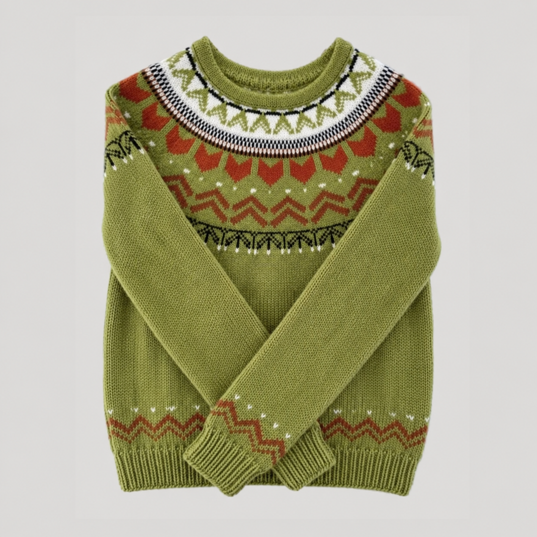 Men's green crew neck sweater with Nordic geometric pattern