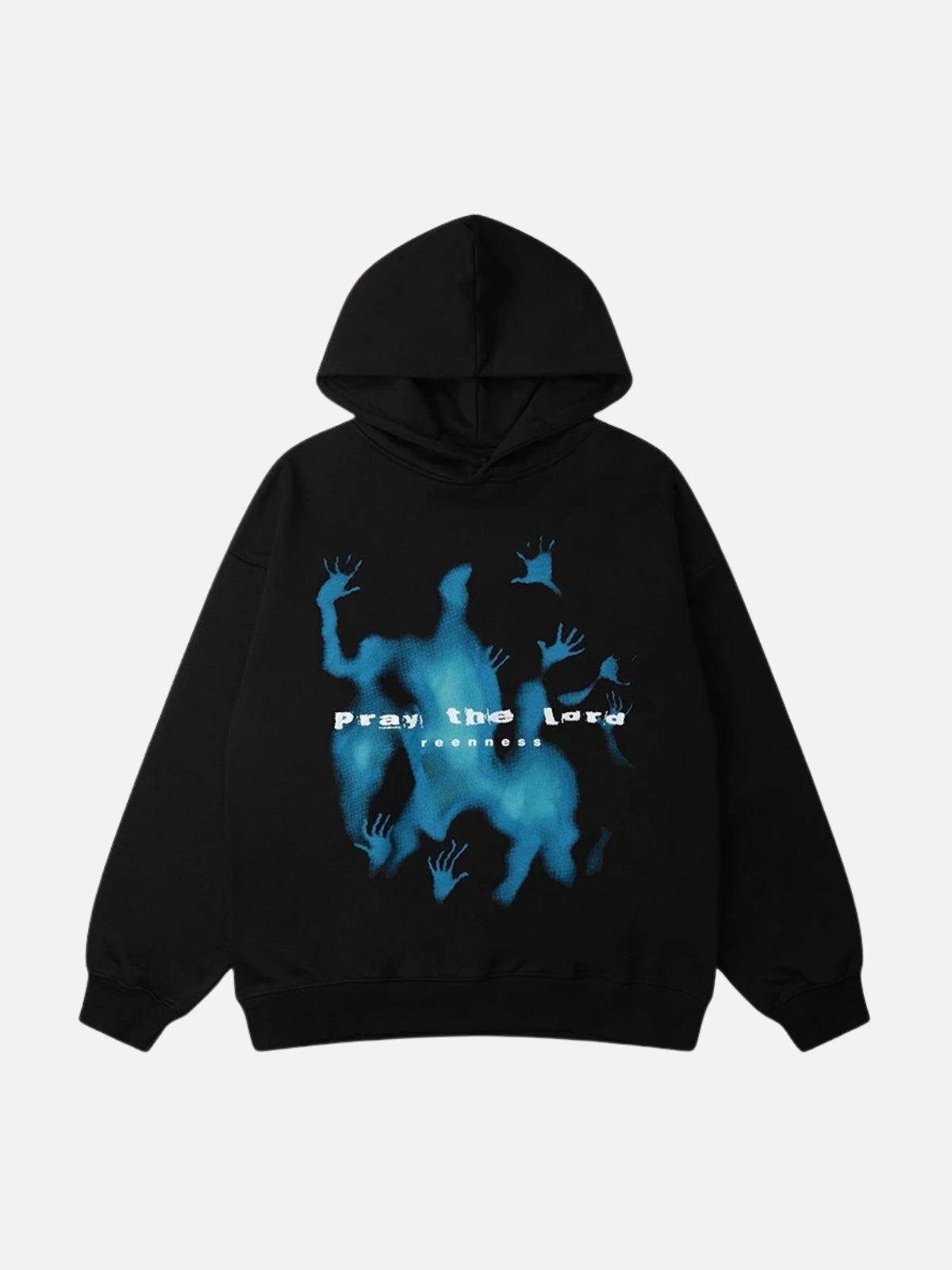 Hooded sweatshirt with blue abstract figure graphic and ribbed trims