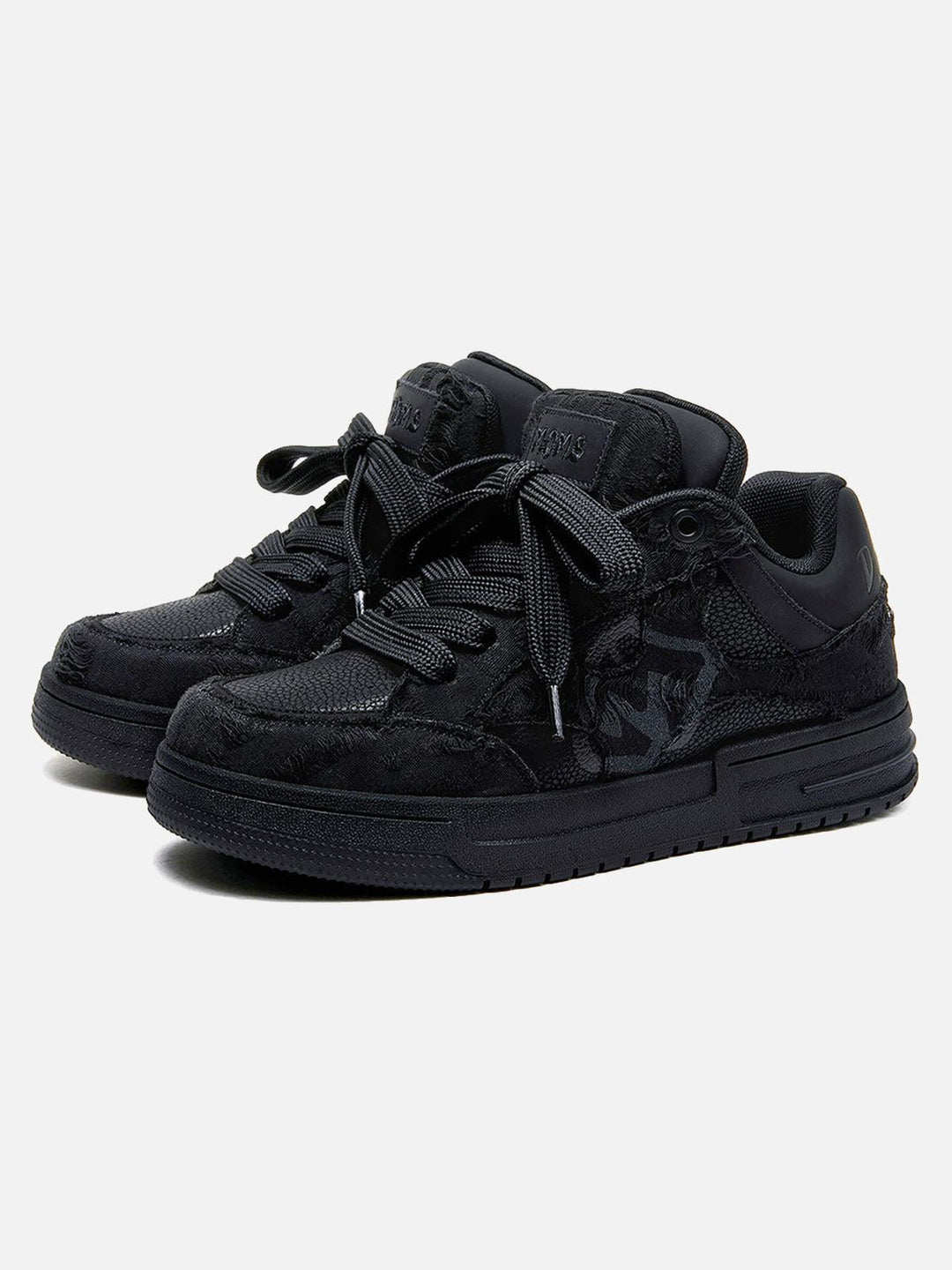 Black high-top sneakers with laces, camouflage side detail and rubber soles