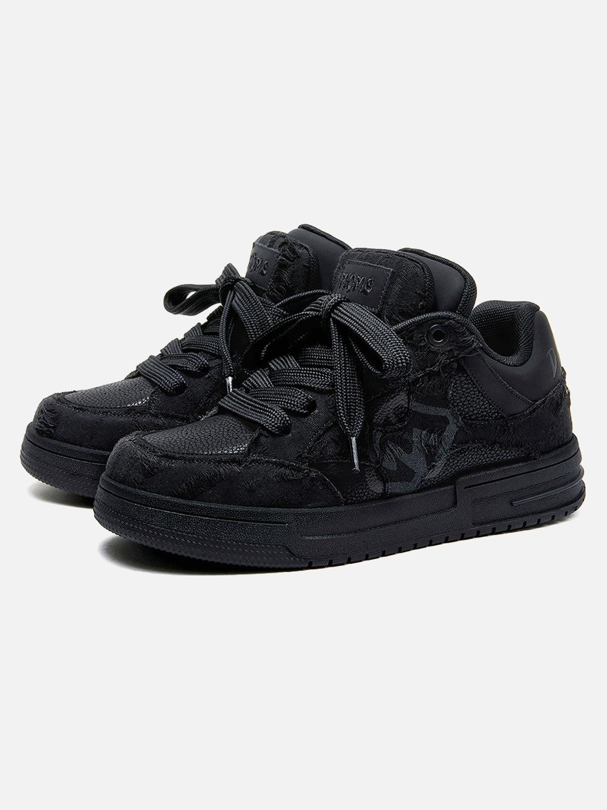 Black high-top sneakers with laces, camouflage side detail and rubber soles