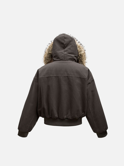 Hooded faux fur lined bomber jacket with zip front