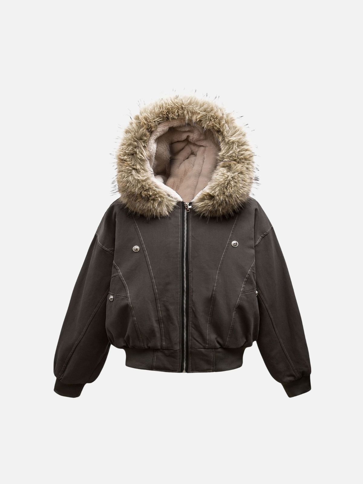 Hooded faux fur lined bomber jacket with zip front