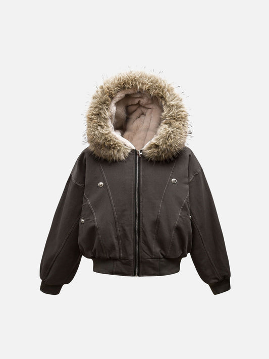 Hooded faux fur lined bomber jacket with zip front