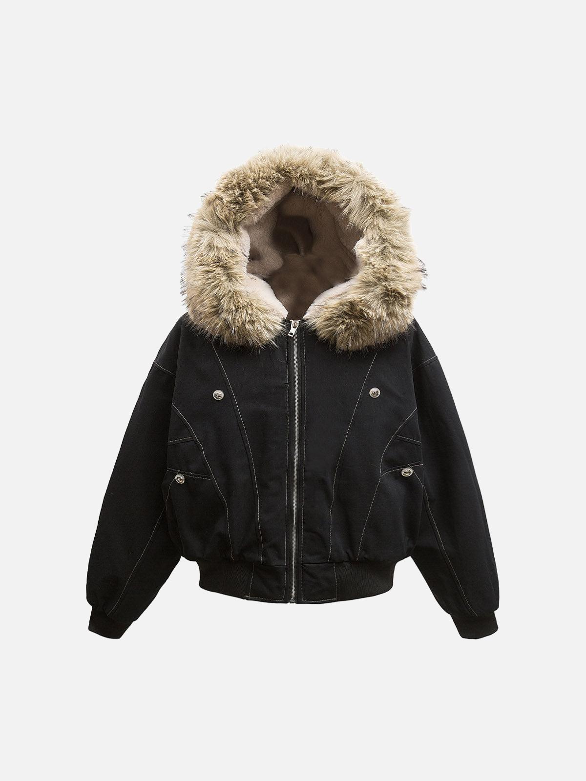Hooded faux fur lined bomber jacket with zip front
