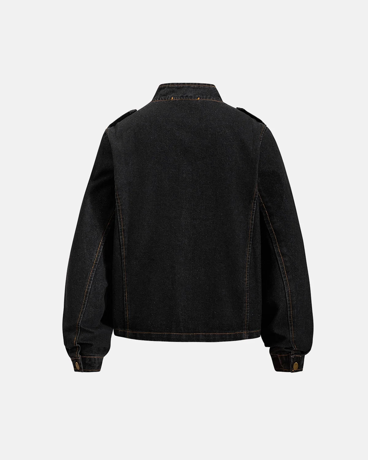 Napoleon-style washed denim jacket with mandarin collar and buttoned front tabs