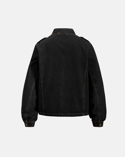Napoleon-style washed denim jacket with mandarin collar and buttoned front tabs