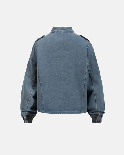 Napoleon-style washed denim jacket with mandarin collar and buttoned front tabs