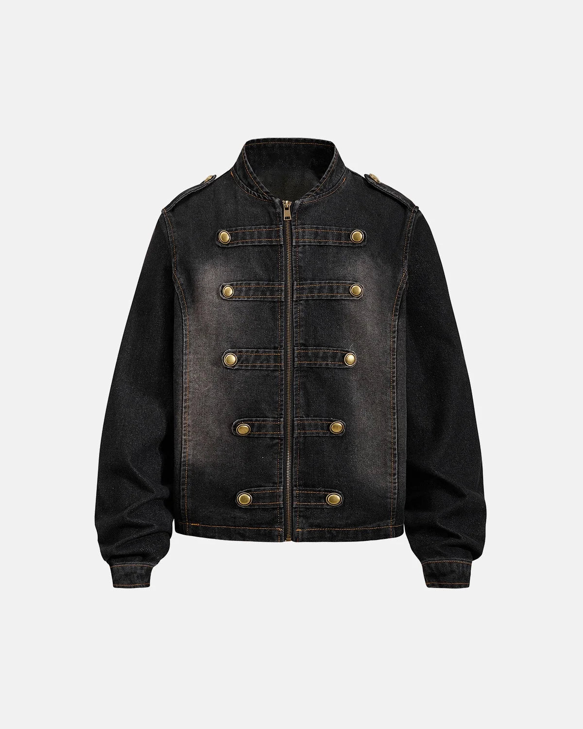 Napoleon-style washed denim jacket with mandarin collar and buttoned front tabs