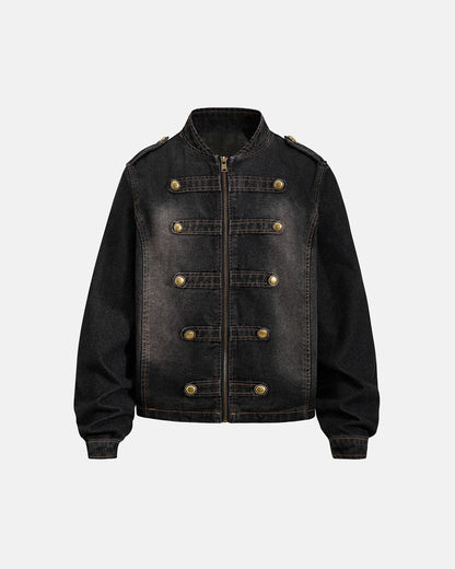Napoleon-style washed denim jacket with mandarin collar and buttoned front tabs