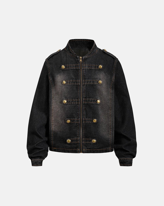 Napoleon-style washed denim jacket with mandarin collar and buttoned front tabs