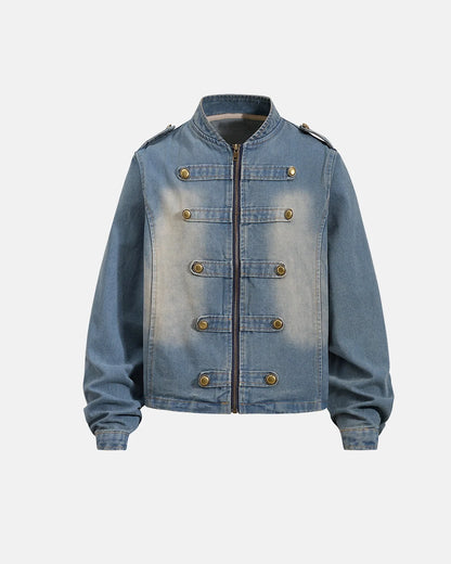 Napoleon-style washed denim jacket with mandarin collar and buttoned front tabs