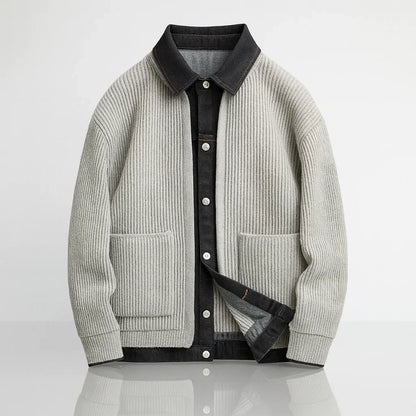 Ribbed jacket with contrasting denim-style trim, button front and patch pockets