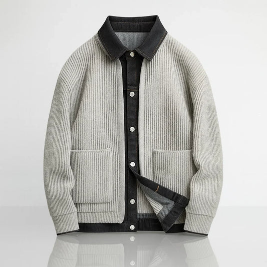 Ribbed jacket with contrasting denim-style trim, button front and patch pockets