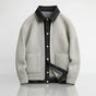 Ribbed jacket with contrasting denim-style trim, button front and patch pockets