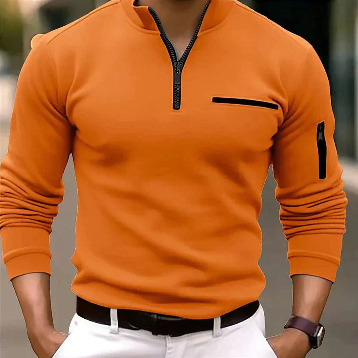 Men's quarter zip sweater with mock neck and zipper pockets