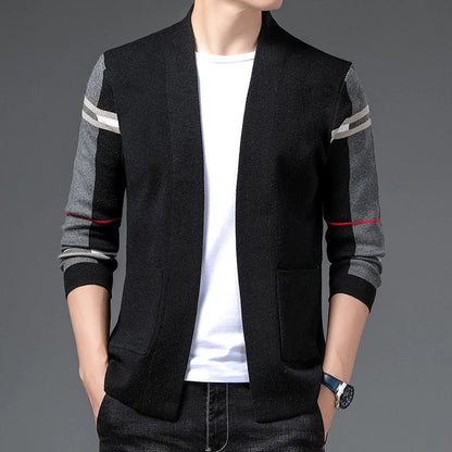 Men's open front cardigan with striped long sleeves and patch pockets