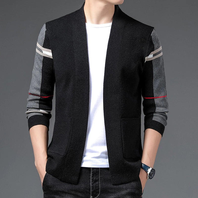Men's open front cardigan with striped long sleeves and patch pockets