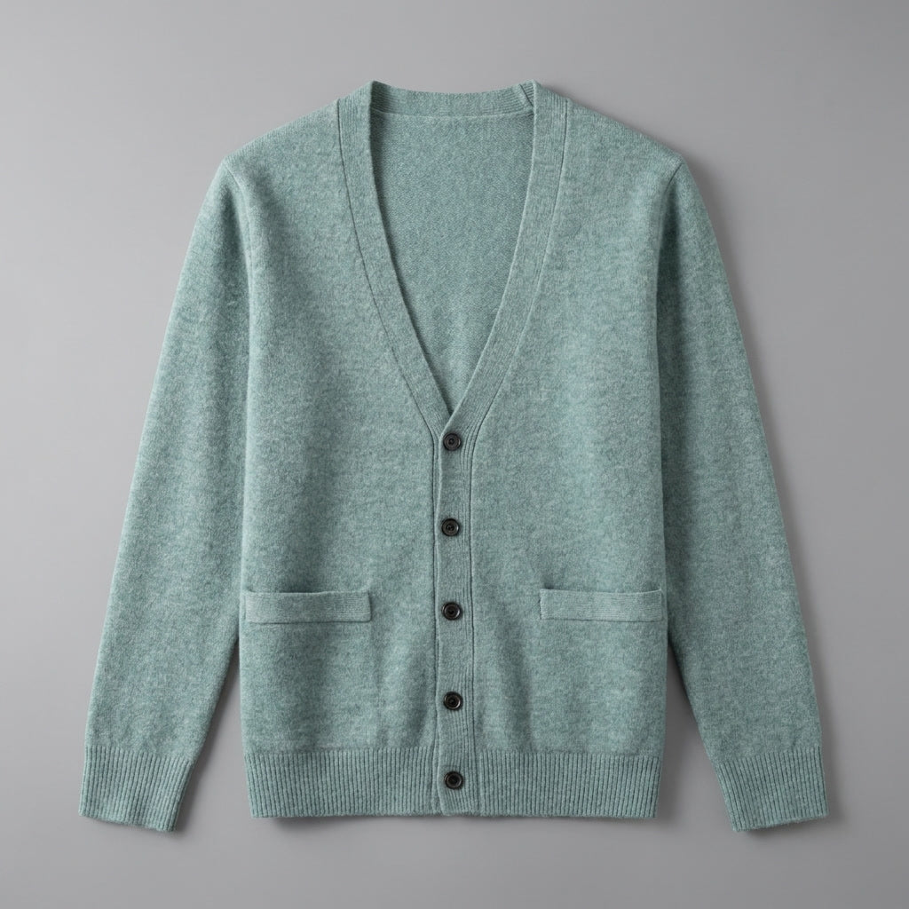 Men's V-neck button cardigan with long sleeves, ribbed trims and front pockets