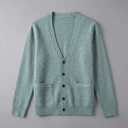 Men's V-neck button cardigan with long sleeves, ribbed trims and front pockets