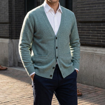 Men's V-neck button cardigan with long sleeves, ribbed trims and front pockets