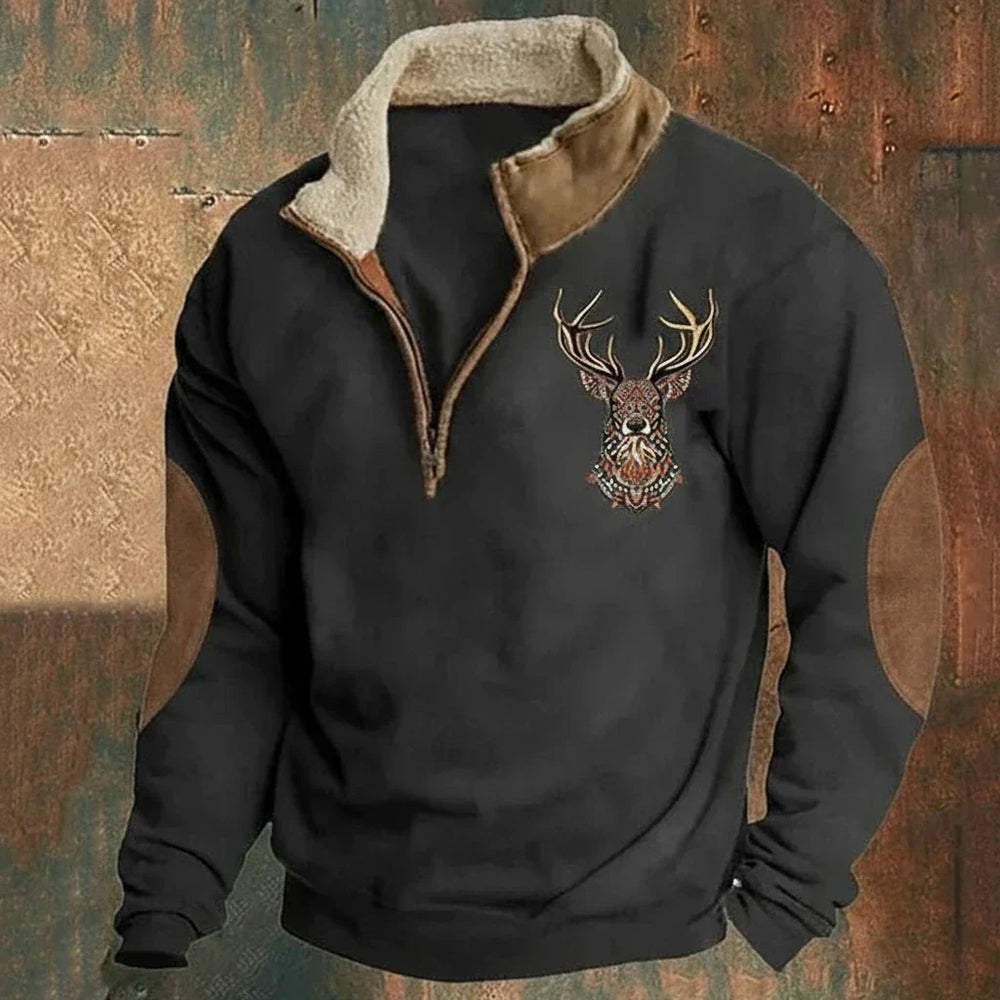 Men's quarter-zip sweatshirt with mock collar, deer embroidery and elbow patches