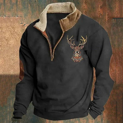 Men's quarter-zip sweatshirt with embroidered deer motif and ribbed trims