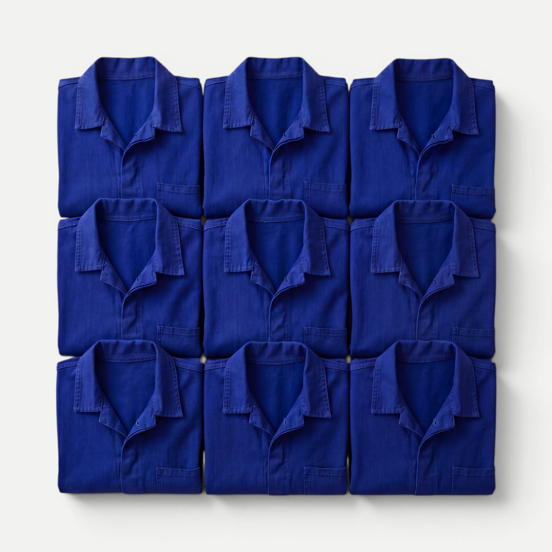 Men's blue collared work jacket with button front and patch pockets