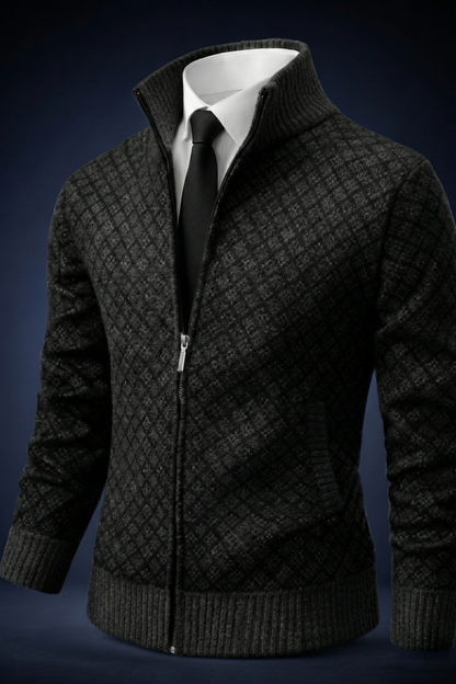 Men's textured geometric cardigan with mock neck and front zip