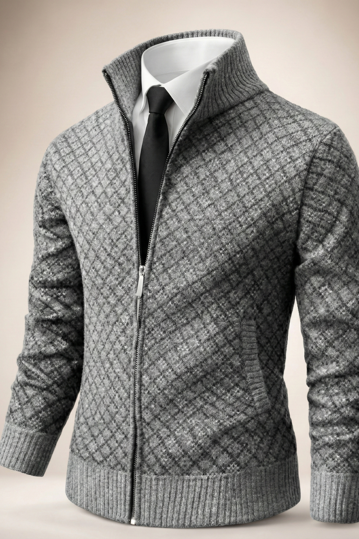 Men's textured geometric cardigan with mock neck and front zip