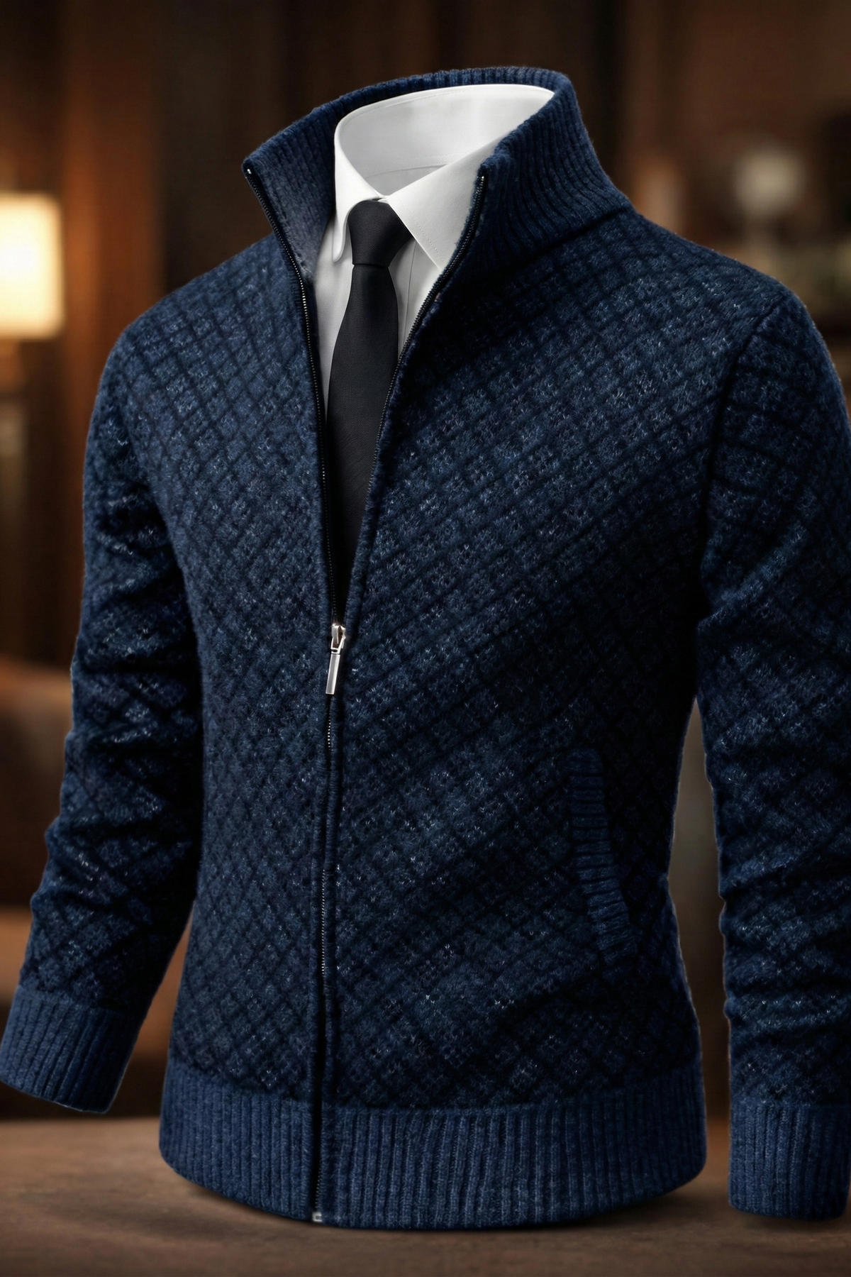 Men's textured geometric cardigan with mock neck and front zip
