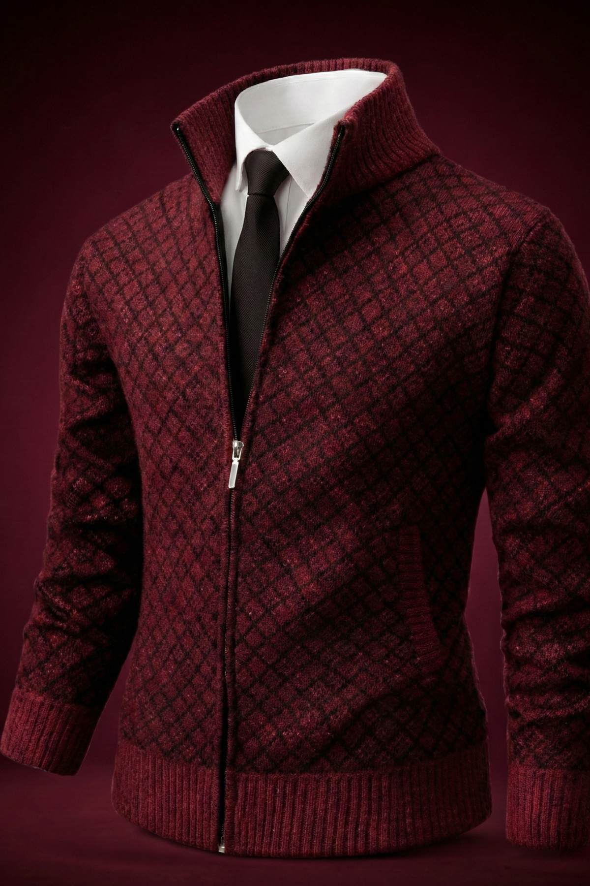 Men's textured geometric cardigan with mock neck and front zip