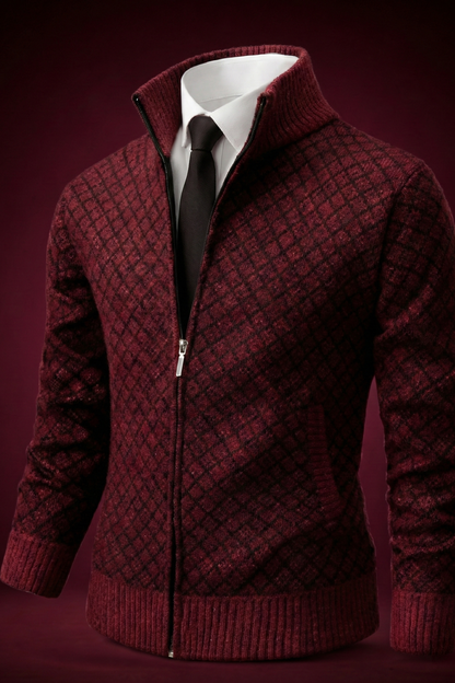 Men's textured geometric cardigan with mock neck and front zip