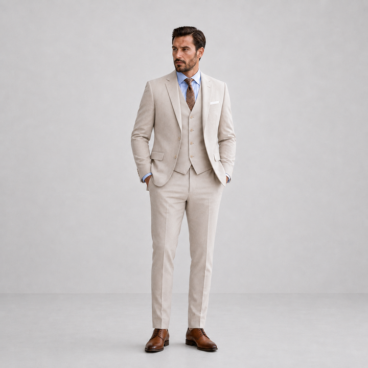 Men's three-piece suit with jacket waistcoat and trousers