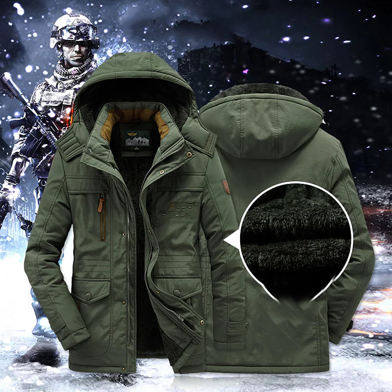 Men's hooded mid-length parka jacket with front zip fastening