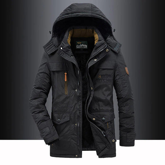 Men's hooded mid-length parka jacket with front zip fastening