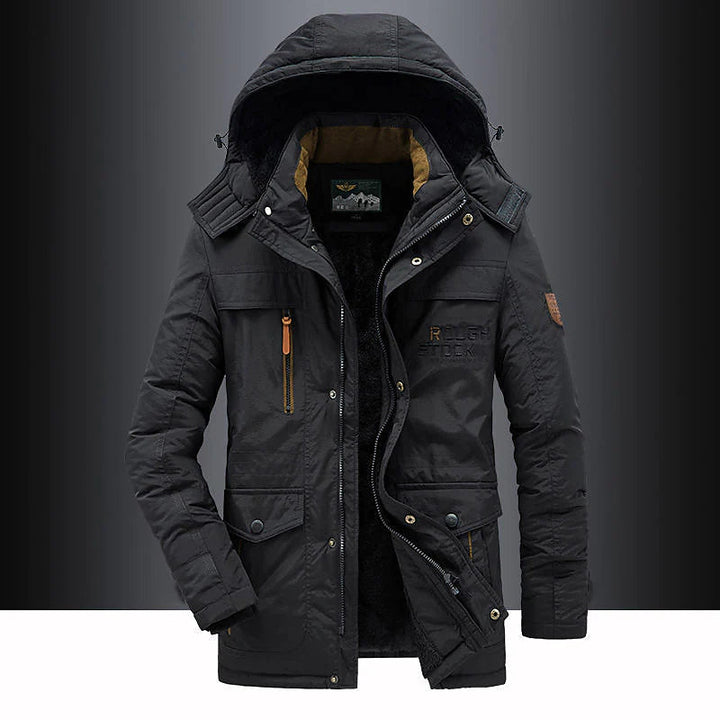 Men's hooded mid-length parka jacket with front zip fastening