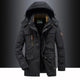 Men's hooded mid-length parka jacket with front zip fastening