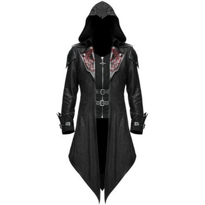 Men's hooded gothic long coat with decorative lapels and buckle fastenings