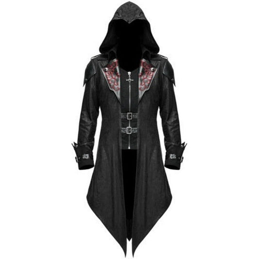 Men's hooded gothic long coat with decorative lapels and buckle fastenings