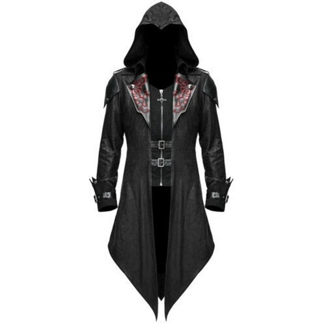 Men's hooded gothic long coat with decorative lapels and buckle fastenings