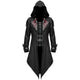 Men's hooded gothic long coat with decorative lapels and buckle fastenings